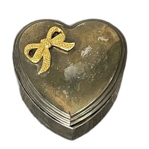Vintage Silver Heart Jewelry Trinket Box with Gold Bow Lid, 4.5" Gift Keepsake